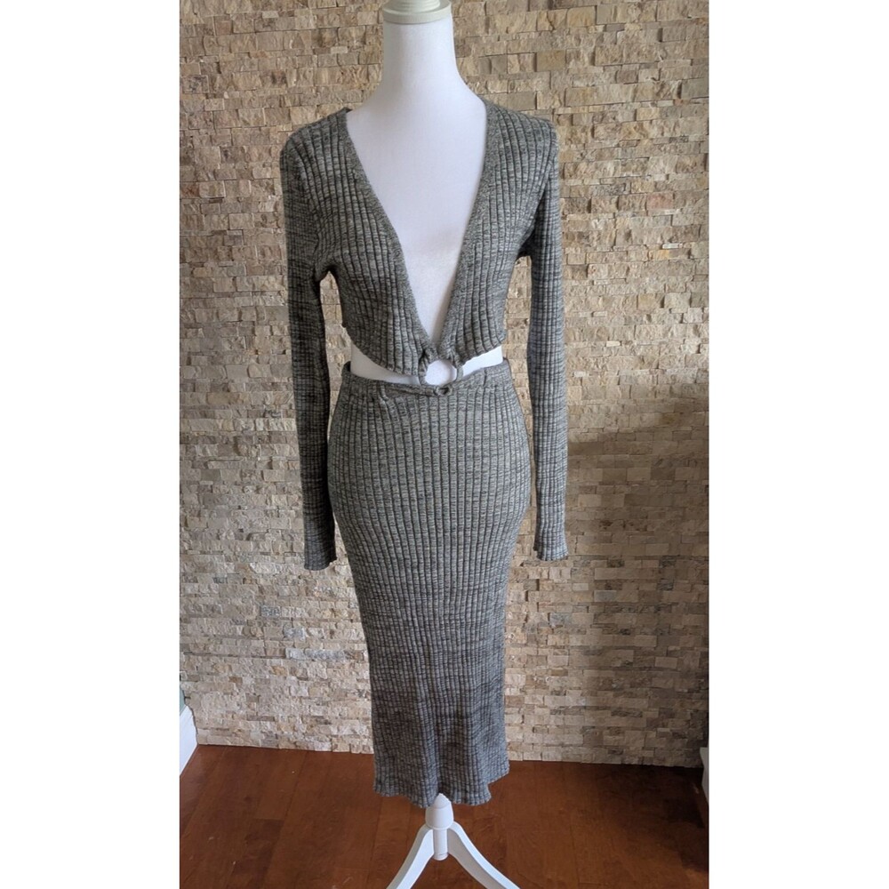 Womens Marled Grey Ribbed Knit Cutout O-Ring Deep V Midi Dress Size L 90k Y2K